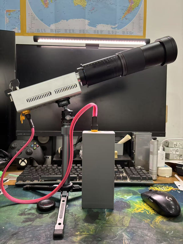 YZ260-DIY Laser Cannon. 260W (Battery DC 33.6V 25Ah, 5000mA*8; Wavelength 915). Range 30-50 meters. Battery life 5 years, with fast charging.